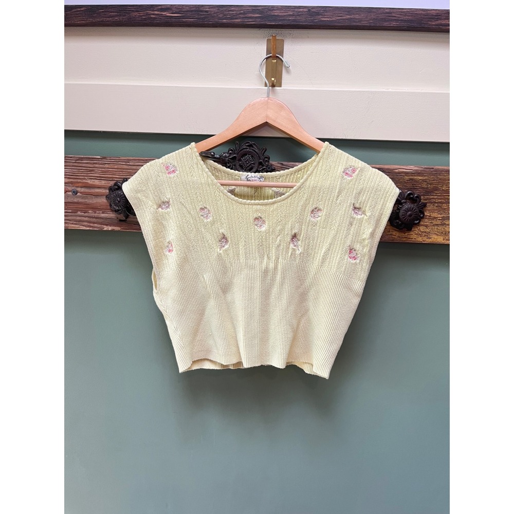 Intimately Free People Yellow Ribbed Knit Floral Embroidered Crop Top Vest Small